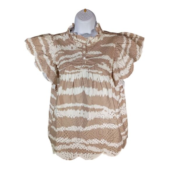 Sea New York Blouse Top Embroidered Eyelet Flutter Sleeve Cotton  Tan White S - Picture 1 of 7